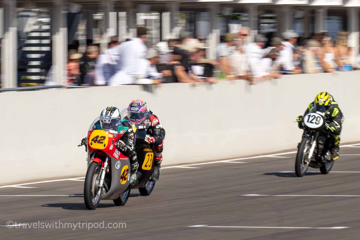 Vintage motorcycles race in the Barry Sheene Memorial Trophy at Goodwood Revival