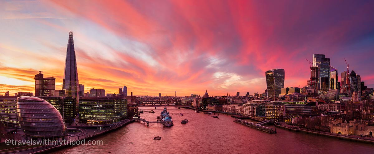 Panoramic views of London at sunset from Tower Bridge