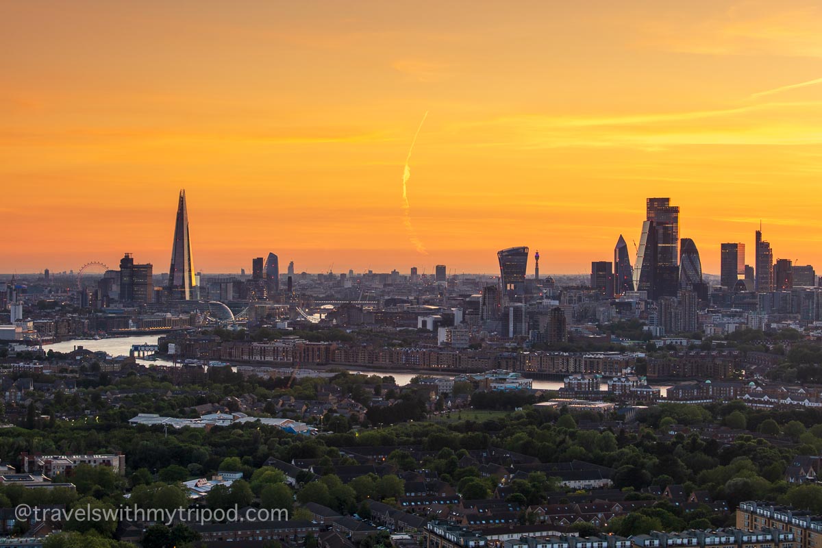 Panoramic photo of London skyline taken from Bokan bar in Canary Wharf